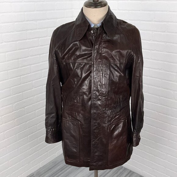 Beged-Or Coat Mens 40 Dark Brown Leather Patent 70s Coat Israel Vintage Jacket - Picture 2 of 11